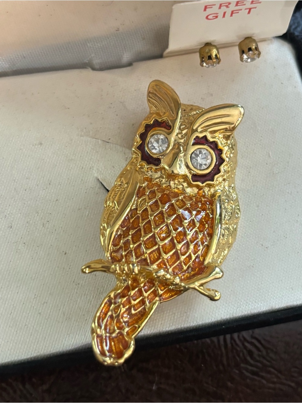 Vintage Montgomery Ward Gold-tone Owl Brooch with Amber Enamel and Crystal Eyes